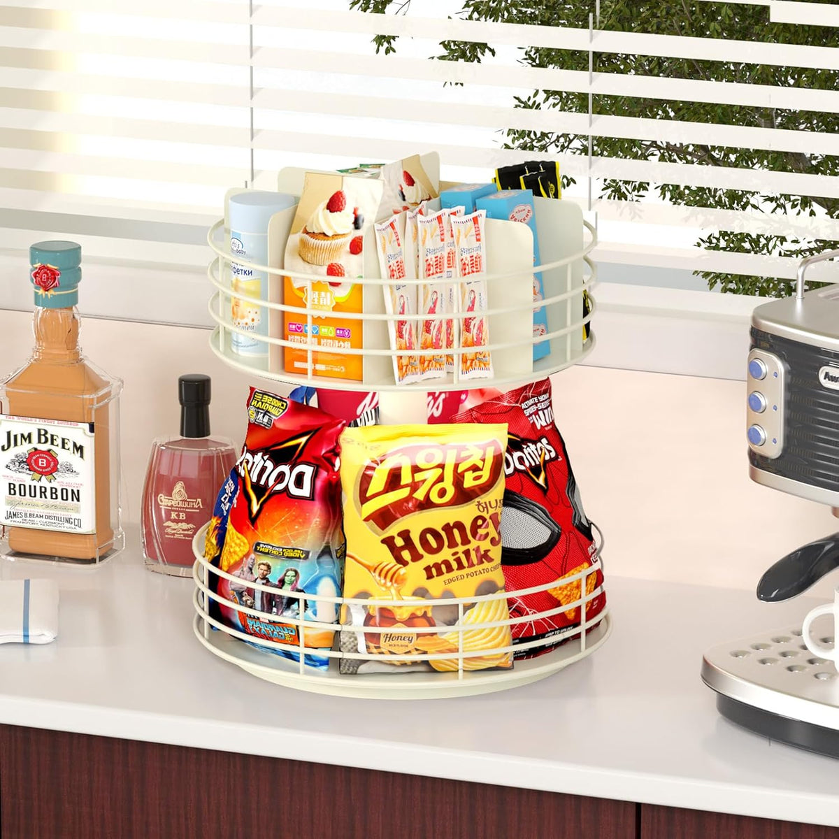 Snack Organizer - Versatile Snack Storage 2 Tier Lazy Susan with Convenient Grab-and-Go Design, Wood and Metal Snack Holder for Home, Office, Breakroom, 12.13" L x 12.13" W x 12.56" H
