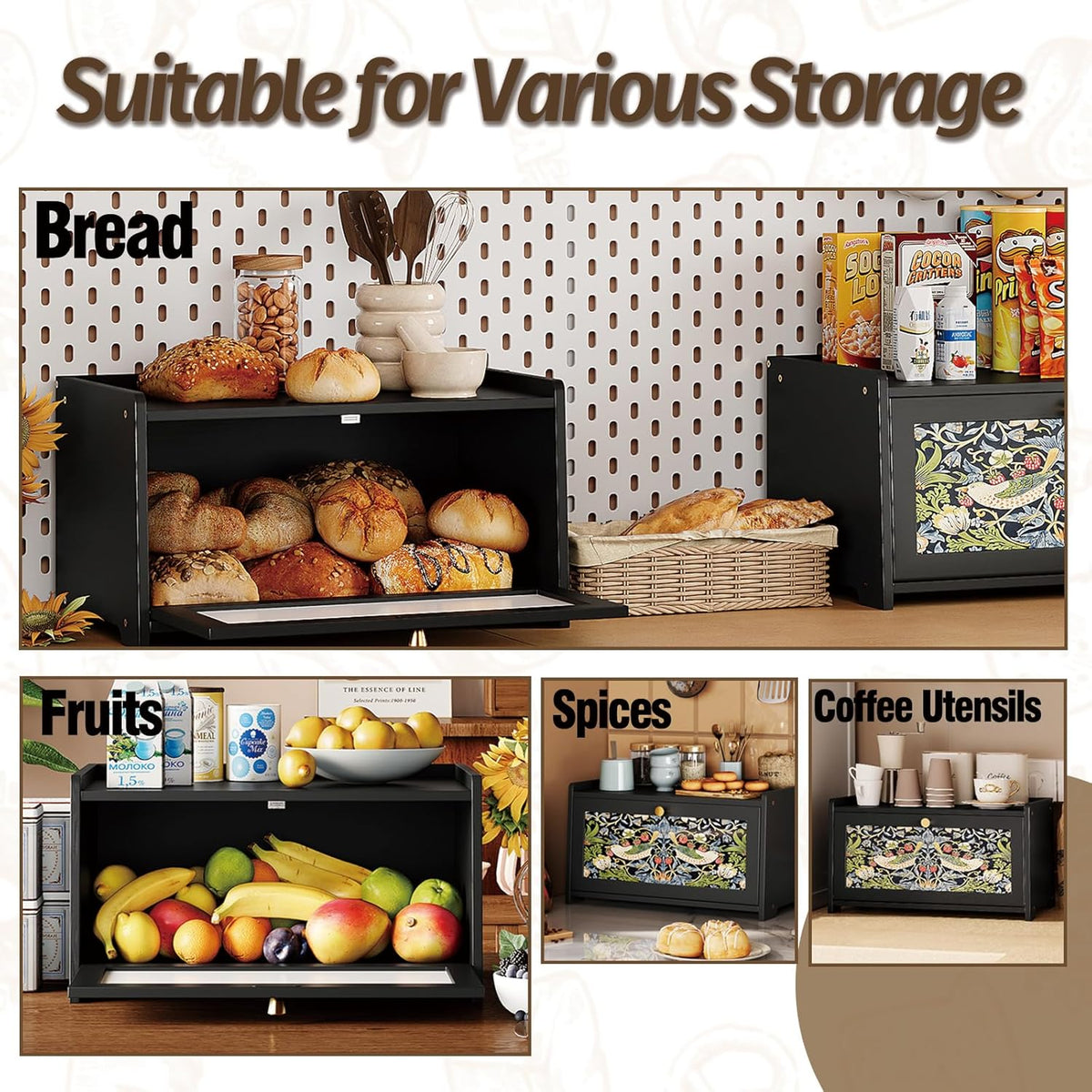Trironsun Bread Box for Kitchen Counter Black Bread Storage Container with Acrylic Door William Morris Flower Bird Design Farmhouse Breadbox Organizer (Black)