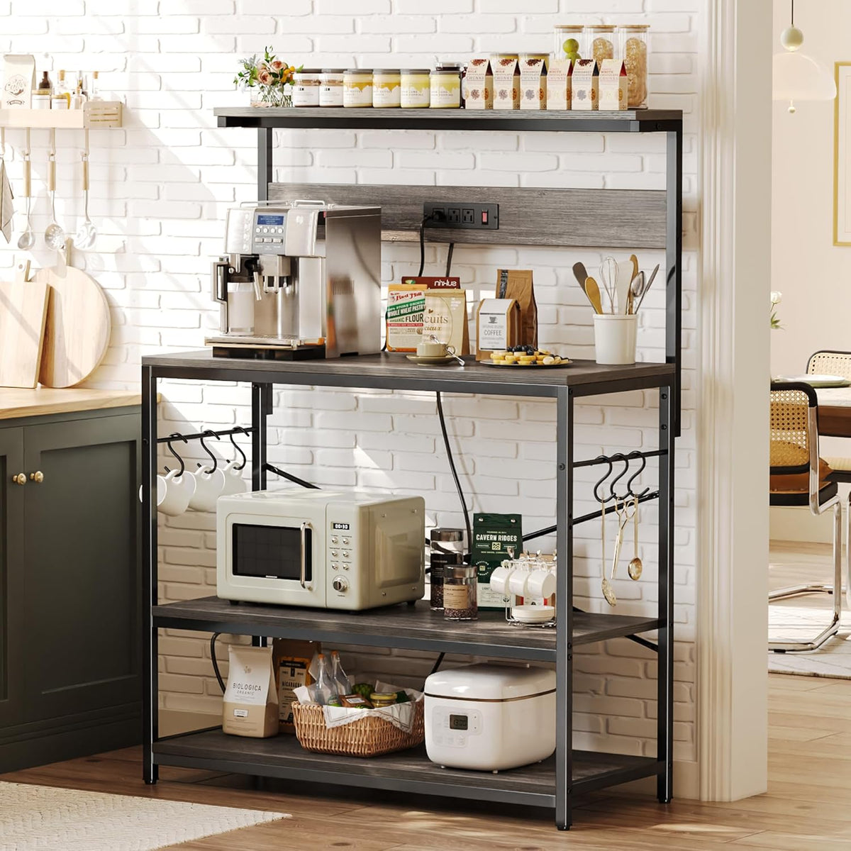 SUPERJARE Kitchen Bakers Rack with Power Outlet, Coffee Bar Table 4 Tiers, Kitchen Microwave Stand with 6 S-shaped Hooks, Storage Shelf Rack for Spices, Pots and Pans - Rustic Brown