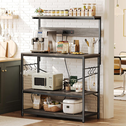 SUPERJARE Kitchen Bakers Rack with Power Outlet, Coffee Bar Table 4 Tiers, Kitchen Microwave Stand with 6 S-shaped Hooks, Storage Shelf Rack for Spices, Pots and Pans - Rustic Brown