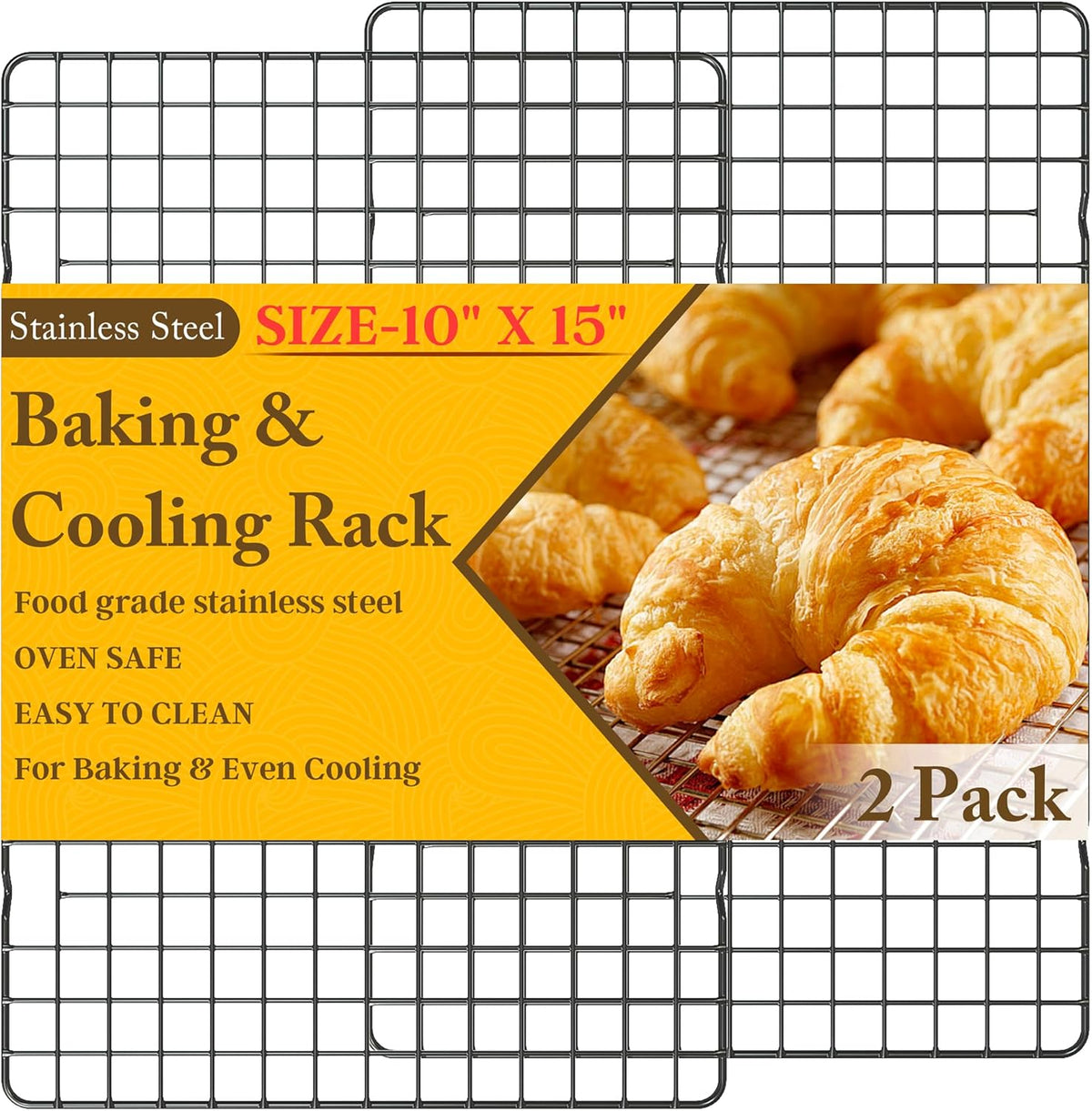 2PCS Cooling Racks for Cooking and Baking - 10" x 15"Heavy Duty Stainless Steel Wire Rack for Baking, Grilling, Roasting - Oven & Dishwasher Safe - Fits Jelly Roll Sheet Pan-Silver