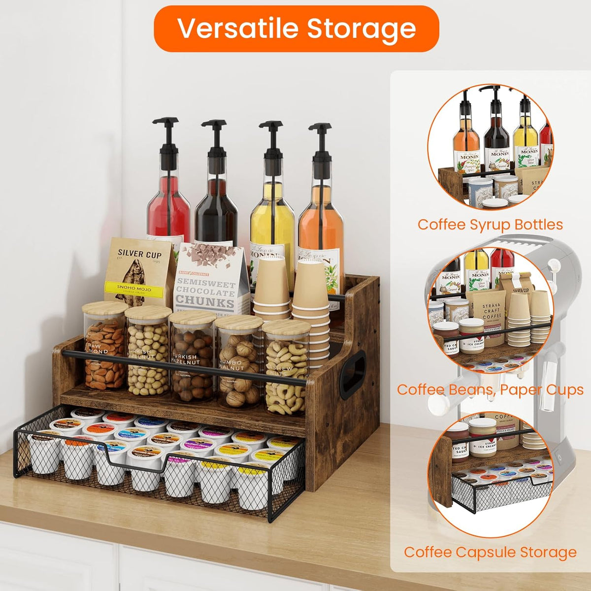 Homode 3-Tier Coffee Bar Organizer, 8 Bottle Syrup Stand with 35 Coffee Pod Storage Drawer, Rustic Wood & Metal Countertop Liquor Bottle Holder for Kitchen, Black