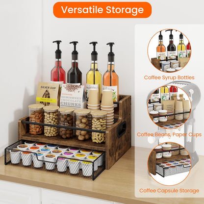 Homode 3-Tier Coffee Bar Organizer, 8 Bottle Syrup Stand with 35 Coffee Pod Storage Drawer, Rustic Wood & Metal Countertop Liquor Bottle Holder for Kitchen, Black