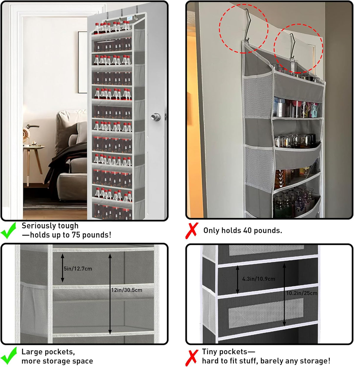 Over the Door Organizer Storage 6 Tier, 12 Large Capacity Side Pockets, Heavy Duty Metal Reinforced Hook Anti Tilt 75 LB Load Behind Door Storage for Bedroom Bathroom Pantry Nursery