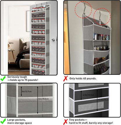 Over the Door Organizer Storage 6 Tier, 12 Large Capacity Side Pockets, Heavy Duty Metal Reinforced Hook Anti Tilt 75 LB Load Behind Door Storage for Bedroom Bathroom Pantry Nursery