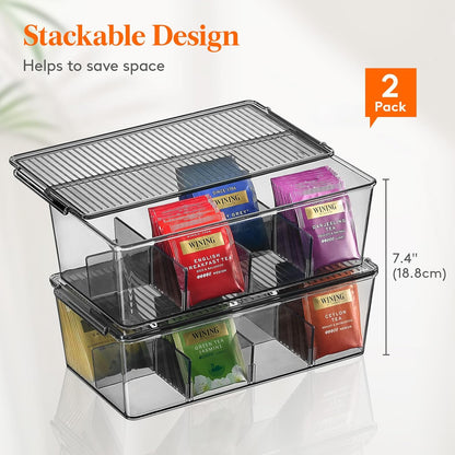 Lifewit Tea Bag Organizer with lids, Plastic Teabag Box with 16 Compartments, Stackable Divided Storage Containers for Cabinet, Pantry, Countertop, Sugar Packets, Clear, 29 cm/11.5 inch L, 2 Pack