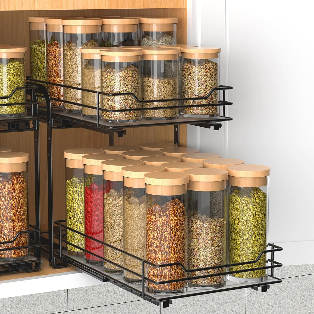 BOIVSHI 2-Tier Spice Rack, Pull Out Cabinet Organizer Spice Racks Height Adjustable Heavy Duty Metal Basket for Inside Cabinets & Pantry Closet(9.5''Wx10.5''Dx9.5''H)