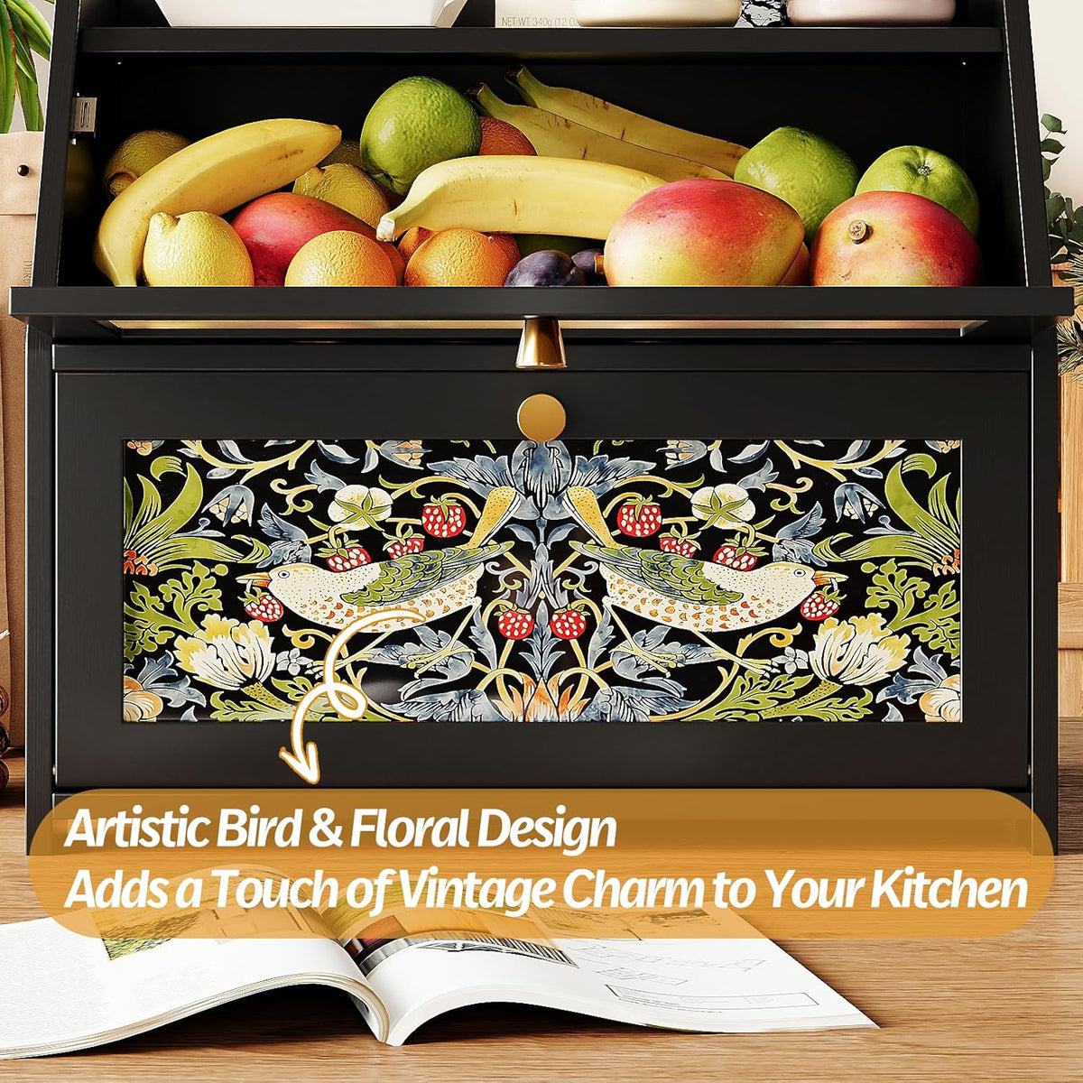 Trironsun Bread Box for Kitchen Counter Black Bread Storage Container with Acrylic Door William Morris Flower Bird Design Farmhouse Breadbox Organizer (Black)