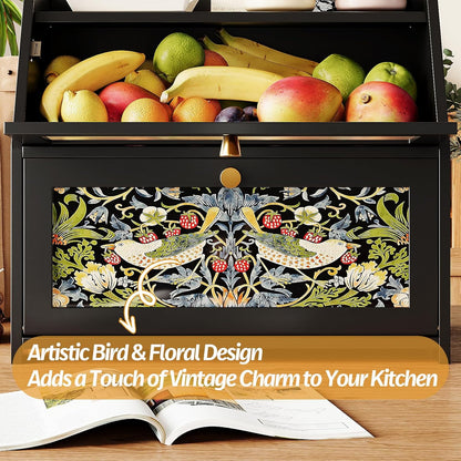 Trironsun Bread Box for Kitchen Counter Black Bread Storage Container with Acrylic Door William Morris Flower Bird Design Farmhouse Breadbox Organizer (Black)