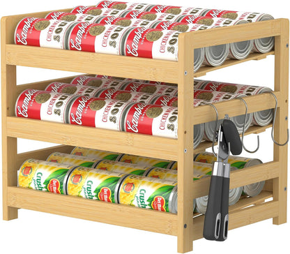 Bamboo Rolling Can Organizer for Pantry, Stackable 3 Tier Canned Food Storage Rack for Kitchen Can Storage Organizer Set with Can Opener & Hooks for Cabinet & Countertop, Holds up to 36 Cans