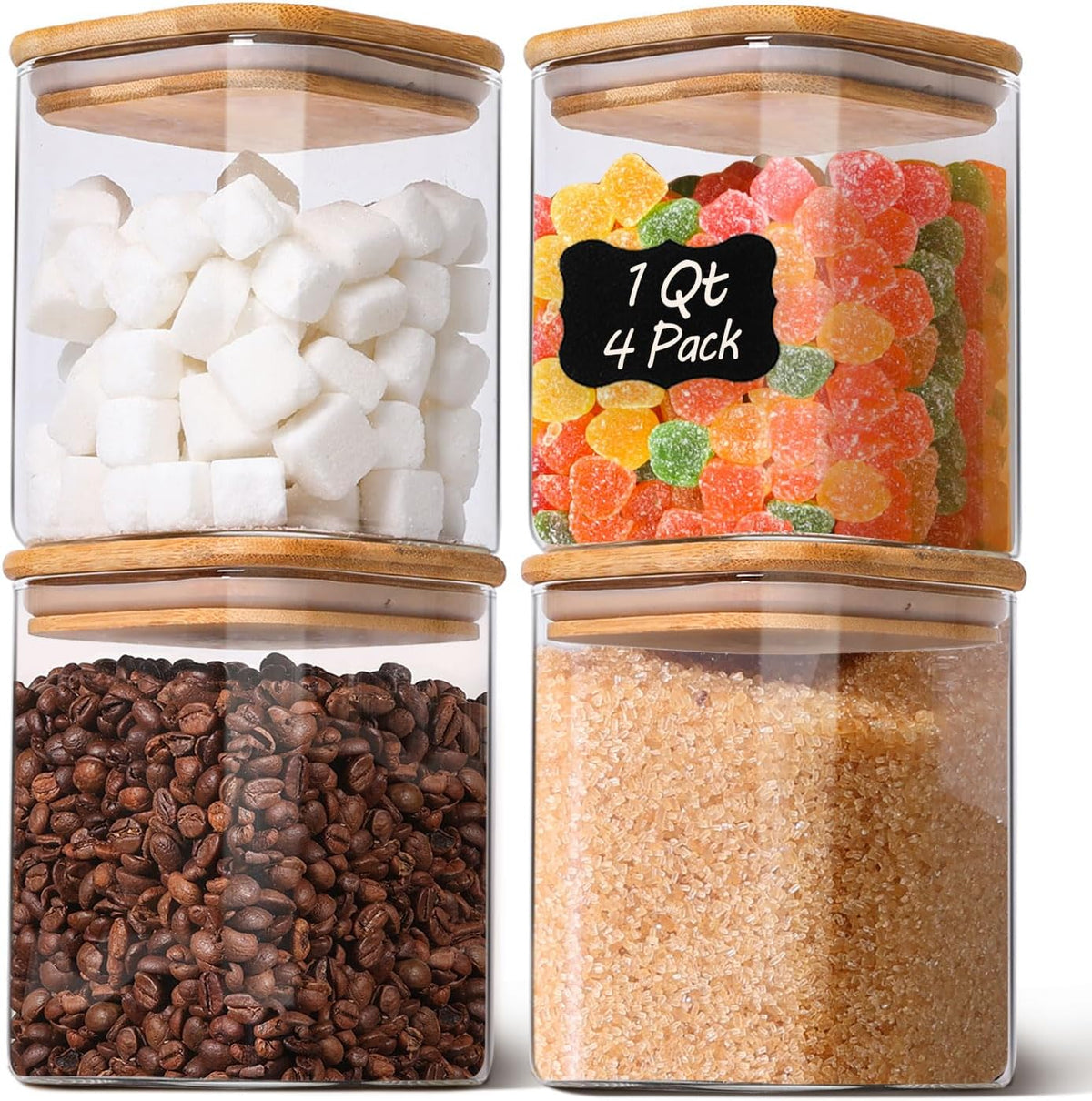 1Qt Airtight Glass Canisters with Bamboo Lid, Square Pantry Storage Containers for Coffee, Cookie, Candy, Snack, Nuts, Dry Goods - Kitchen & Pantry Organizers and Storage Containers