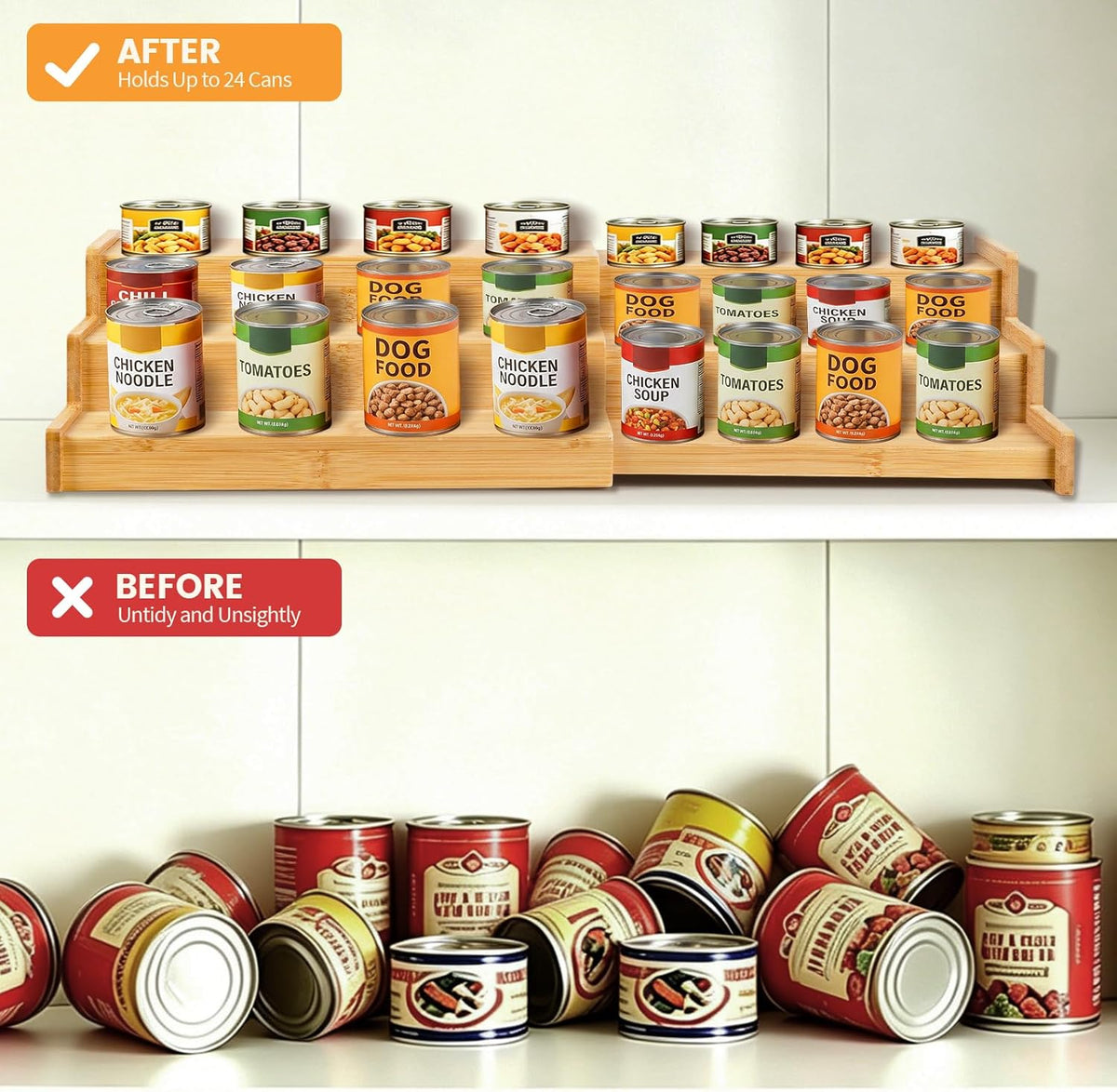 Expandable Bamboo Can Rack Organizer, 3 Tier Canned Food Storage Holder for Pantry, Adjustable Pantry Soda Can Organizer Shelf for Kitchen Spice, Countertop, Cat Food, Cabinet Storage Hold for 24 Cans