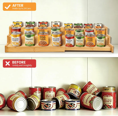 Expandable Bamboo Can Rack Organizer, 3 Tier Canned Food Storage Holder for Pantry, Adjustable Pantry Soda Can Organizer Shelf for Kitchen Spice, Countertop, Cat Food, Cabinet Storage Hold for 24 Cans