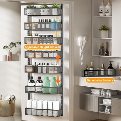 6-Tier Over The Door Pantry Organizer with Mesh Baskets, Adjustable & Stable Hanging Spice Rack for Kitchen, Bathroom, Bedroom, and Baby Essentials Storage