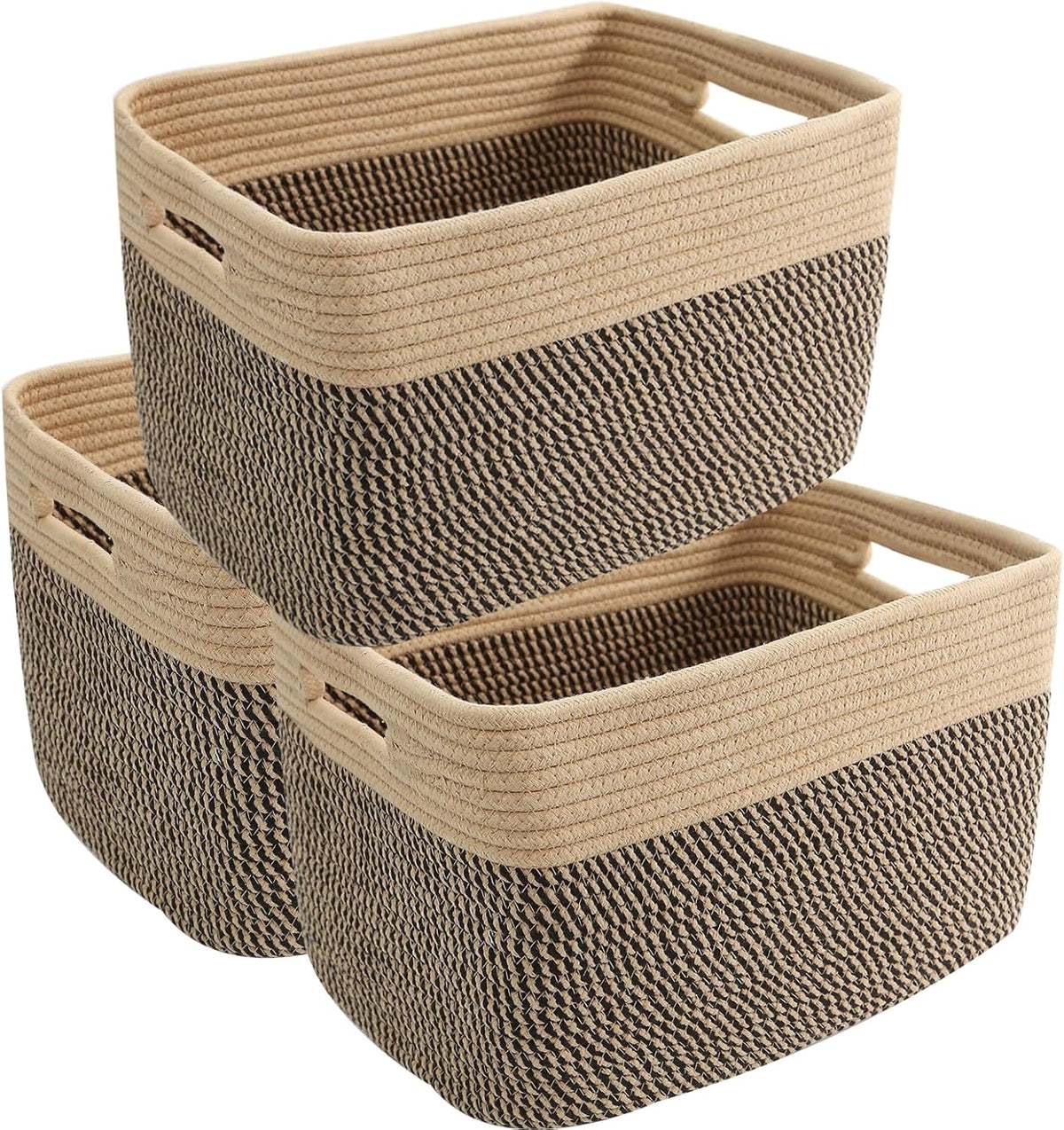 3 Pack Woven Rope Storage Baskets for Shelves,13.5"×11"×9.5" Storage Bins with Handles,Empty Gift Baskets,Nursery Organizer for Toys,Towels,Books,Closet,Living Room,Bedroom (White & Brown)