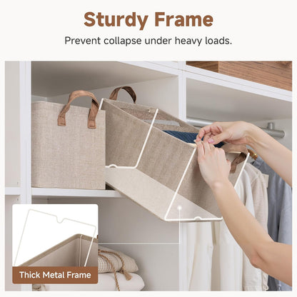 StorageWorks Storage Bins, Shelves Baskets for Organizing, Fabric Closet Organizers with Handles, Metal Frame, Beige-Cotton-linen, 2-Pack