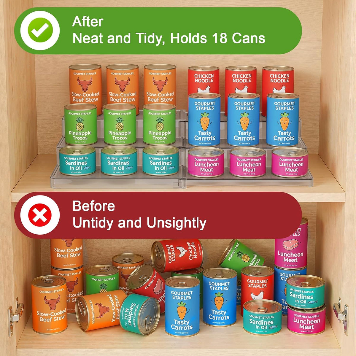 Expandable Can Rack Organizer 2 Pack, 3-Tier Adjustable Length | Set of 2 Holds Up to 36 Cans, Stability with Non-Skid Shelf, Canned Goods Storage Display for Pantry, Cabinet