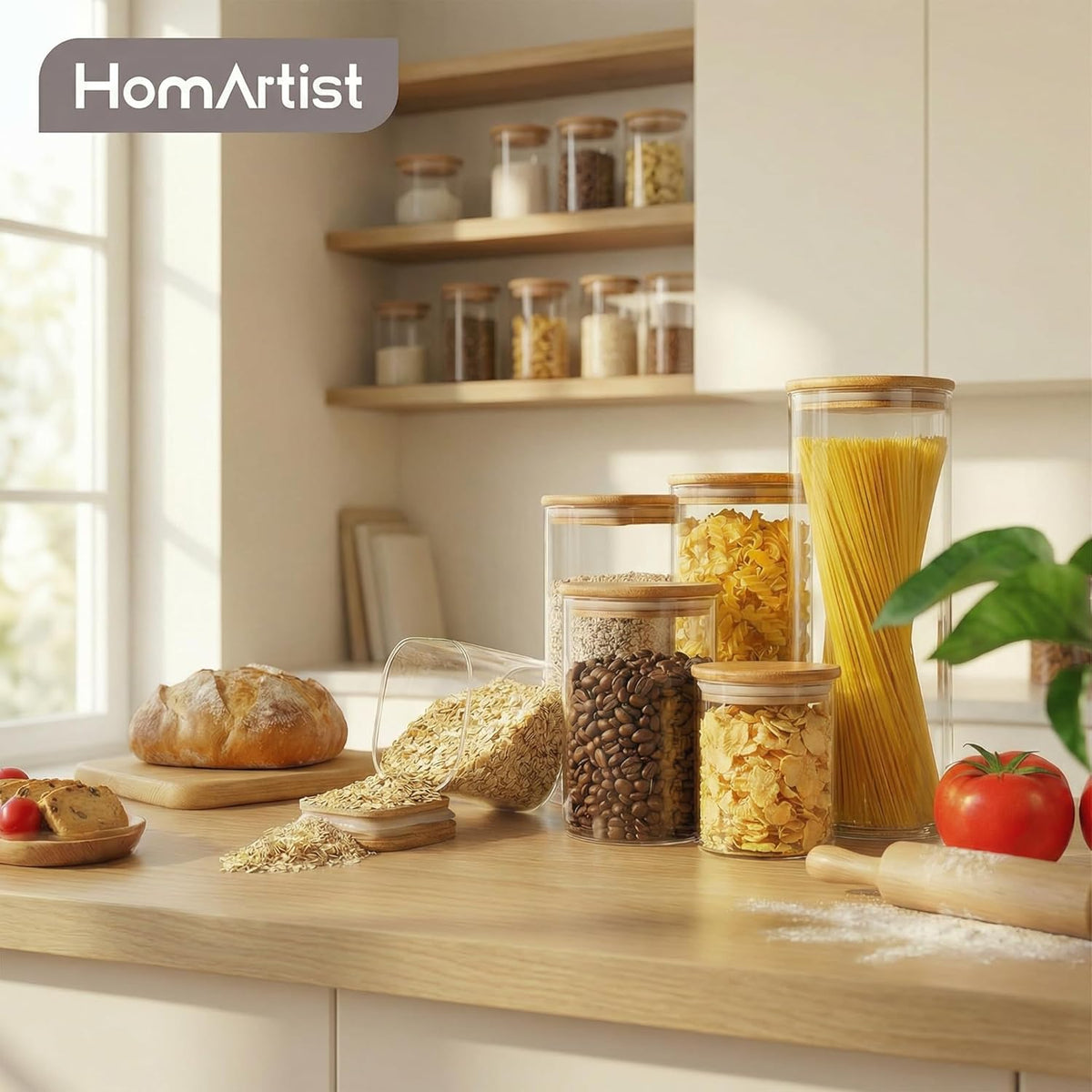 32oz - Glass Jars with Bamboo Lids, Glass Pantry Storage Containers with Airtight Lids, Round Air Tigh Food Storage Canisters for Cereal, Pasta, Flour, Sugar, Rice, Best for Kitchen Organizer