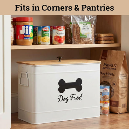 Dog Food Container Airtight 15-20 lb (70 Cup) Capacity with Metal Scoop - Cute Airtight Dog Food Storage Container with Bamboo Lid - Black Metal Kibble Storage Bin for Dogs up to 100 lbs - Big Pet Jar