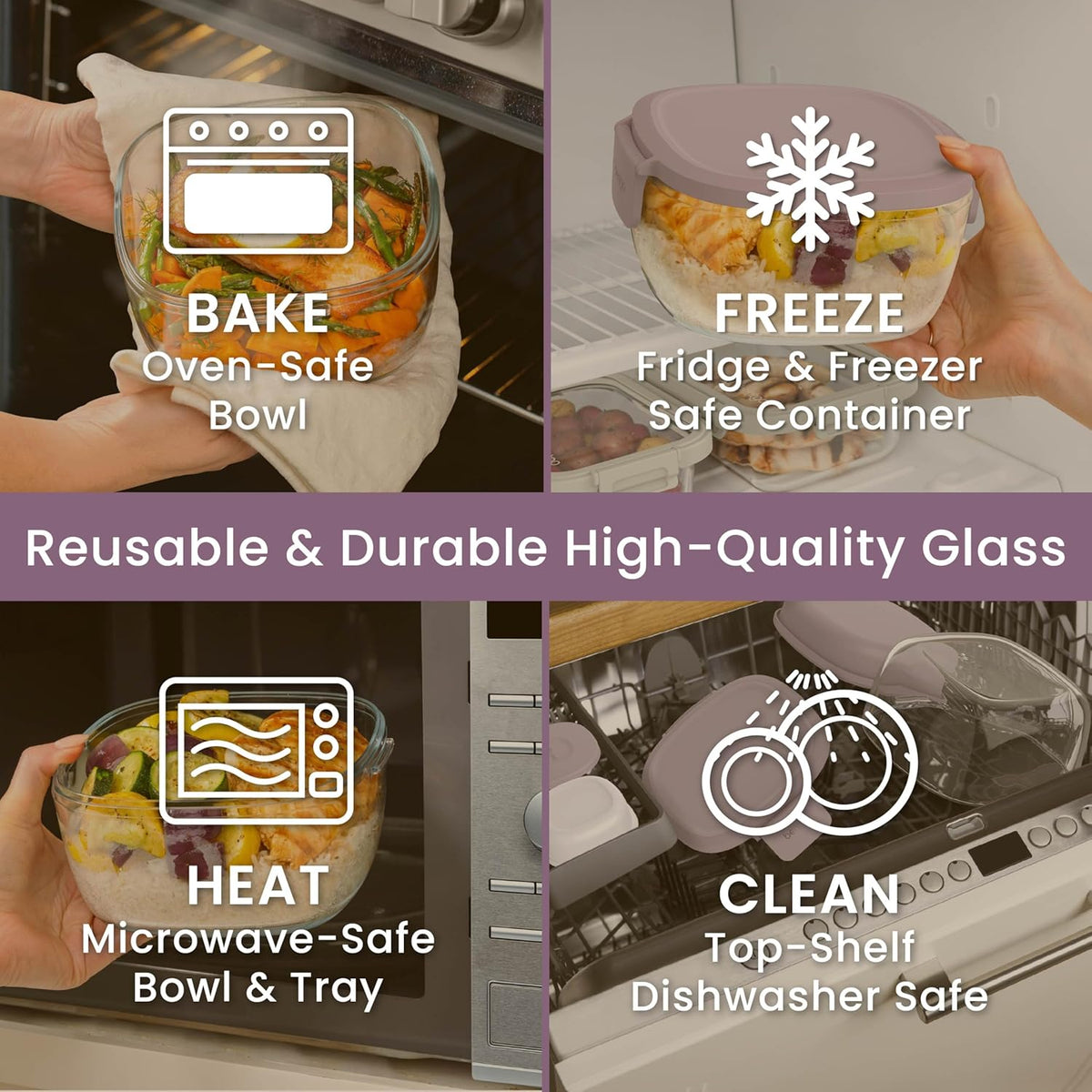 Bentgo Glass Prints Salad Container - 7.6-Cup Tinted Glass Salad Bowl with Airtight Lid, Leak-Proof Sauce Container, 4-Compartment Bento Meal Prep Tray & Reusable Fork (Floral Maximalist - Sea)