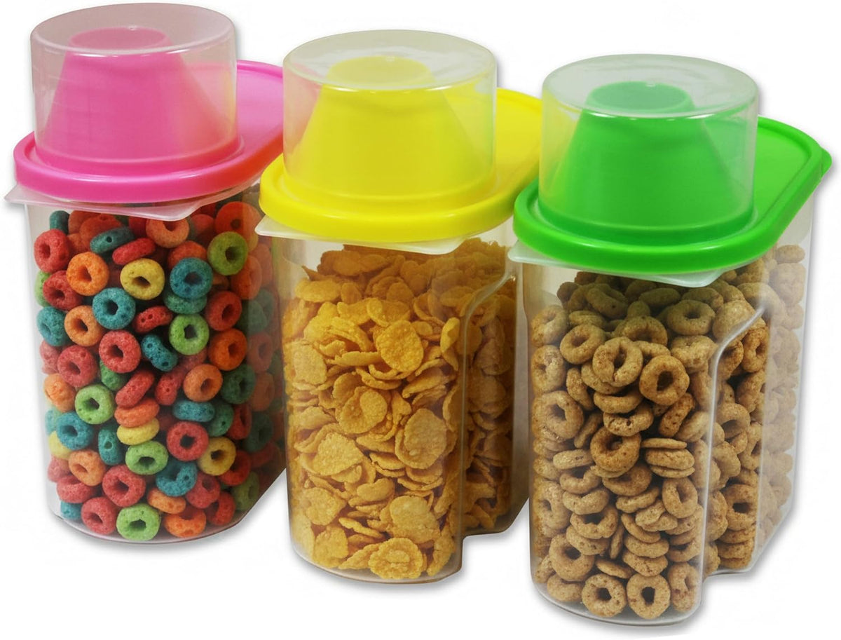 Basicwise 2.5 Liters Set of 3 Large Airtight Food Storage Containers with Pouring Spout and Measuring Cup Lid for Flour Sugar Cereal Rice Pantry Staples & Baking Ingredients in Green Pink and Yellow