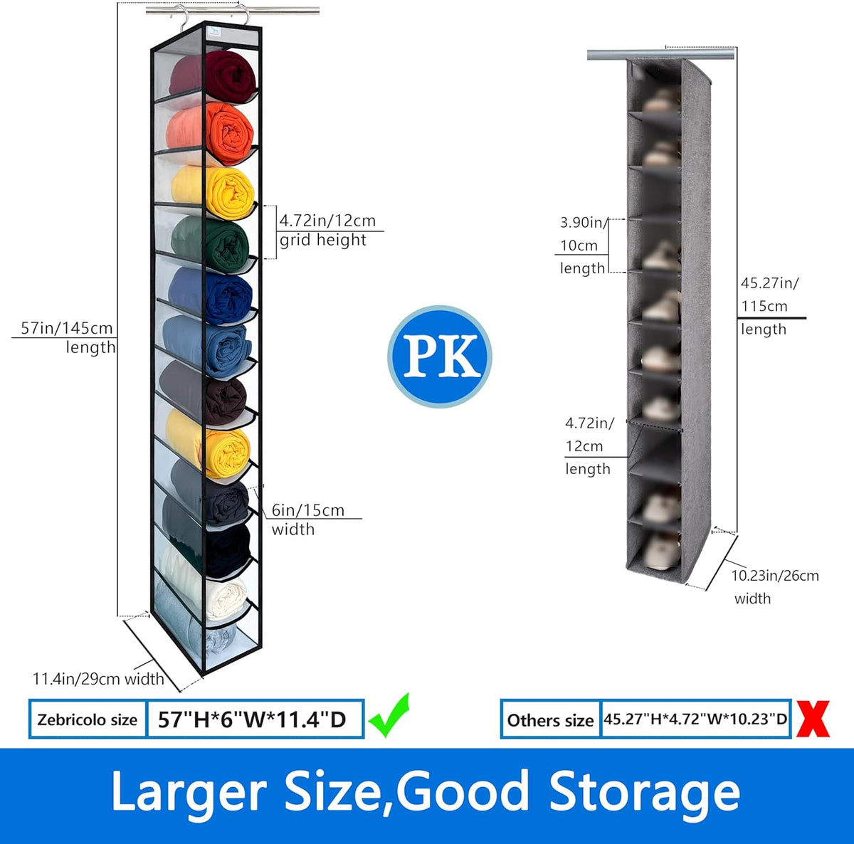 Over the Door Organizer Storage 6 Tier, 12 Large Capacity Side Pockets, Heavy Duty Metal Reinforced Hook Anti Tilt 75 LB Load Behind Door Storage for Bedroom Bathroom Pantry Nursery