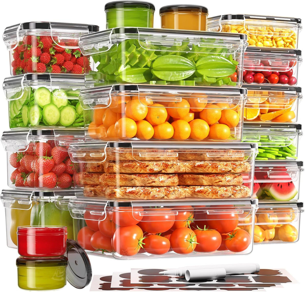 KEMETHY Food Storage Containers with Lids(18 Container & 18 Lid), Plastic Food Containers for Pantry & Kitchen Storage and Organization, BPA-Free, Leak Proof, Reusable with Labels & Pen