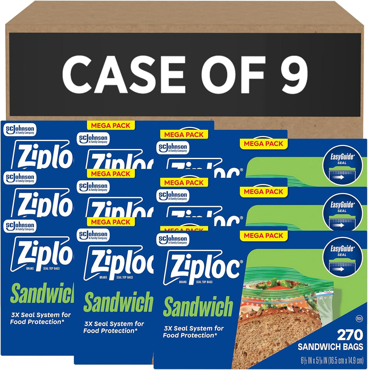 Ziploc Sandwich and Snack Bags with EasyGuide Texture, Plastic Storage Bags with Grip 'n Seal Technology, 270 Bags Total
