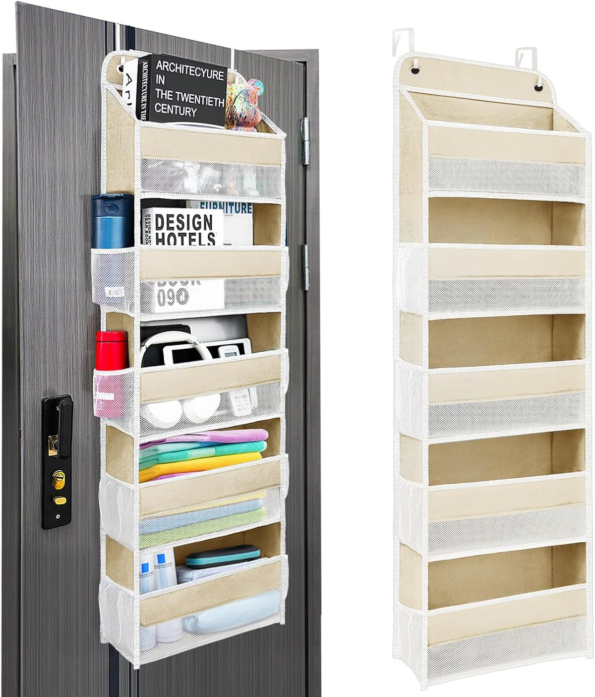 Over The Door Organizer with LifetimeWarranty, 4 Shelves & 4 Side Pockets, Large Storage Rack Holds 44lb, Heavy-Duty Reinforced Mesh Shelf for Bathroom, Closet, Toy Organization, Shoes, Towels, Grey