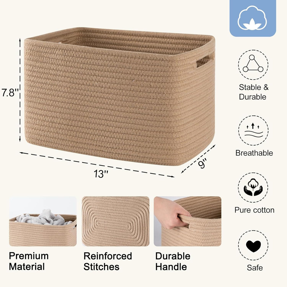 4 Pack Storage Baskets for Organizing, Woven Baskets for Shelves - Perfect for Toys, Books, Towels, and Clothes, Durable Gift Basket Bins Toy Storage, 12.7''Lx9''Wx7.8''H, Brown & White
