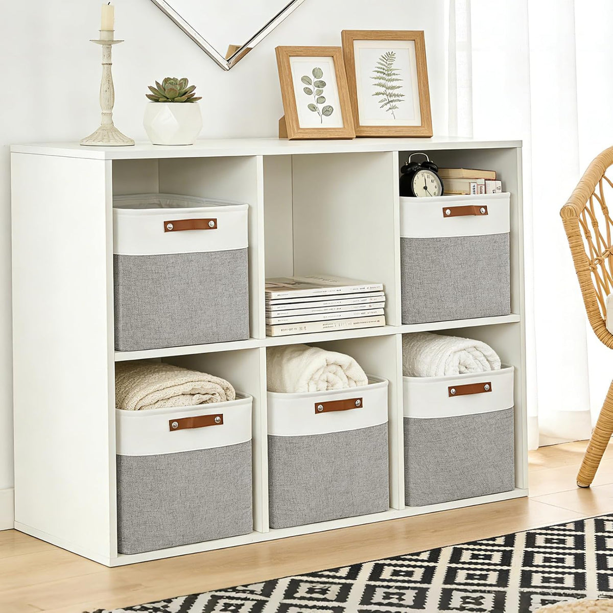 Bagnizer Large Fabric Storage Baskets | 50L Storage Bins, Decorative Linen Closet Baskets with Handles for Organizing, Shelf, Toys, Clothes, Home, Office, Nursery, 17x12x15Inches (Grey&White)