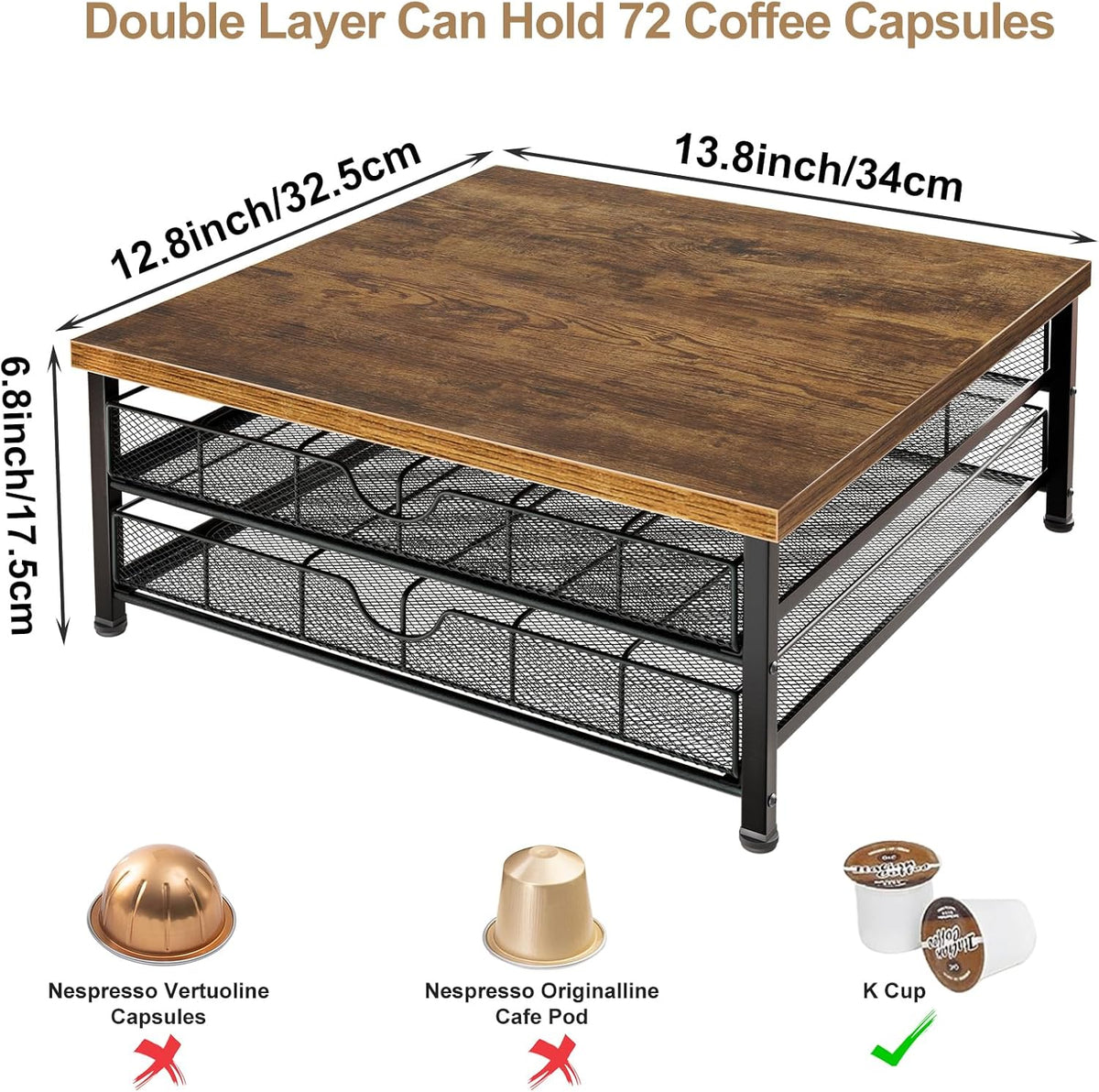 Coffee Pod Holder for K Cup Holder Drawer, 72 Capacity Coffee Pod Organizer K Cup Storage 2 Tier Pods Drawer Organizer Sliding Baskets for Coffee Station Counter, Black