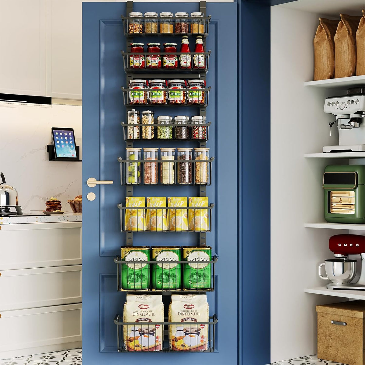 Over The Door Pantry Organizer, 8-Tier Over The Door Organizer with Adjustable Baskets, Metal Hanging Spice Rack for Pantry Organizers and Storage, Suitable for Kitchen Laundry Room & Bathroom, White