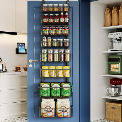 Over The Door Pantry Organizer, 8-Tier Over The Door Organizer with Adjustable Baskets, Metal Hanging Spice Rack for Pantry Organizers and Storage, Suitable for Kitchen Laundry Room & Bathroom, White