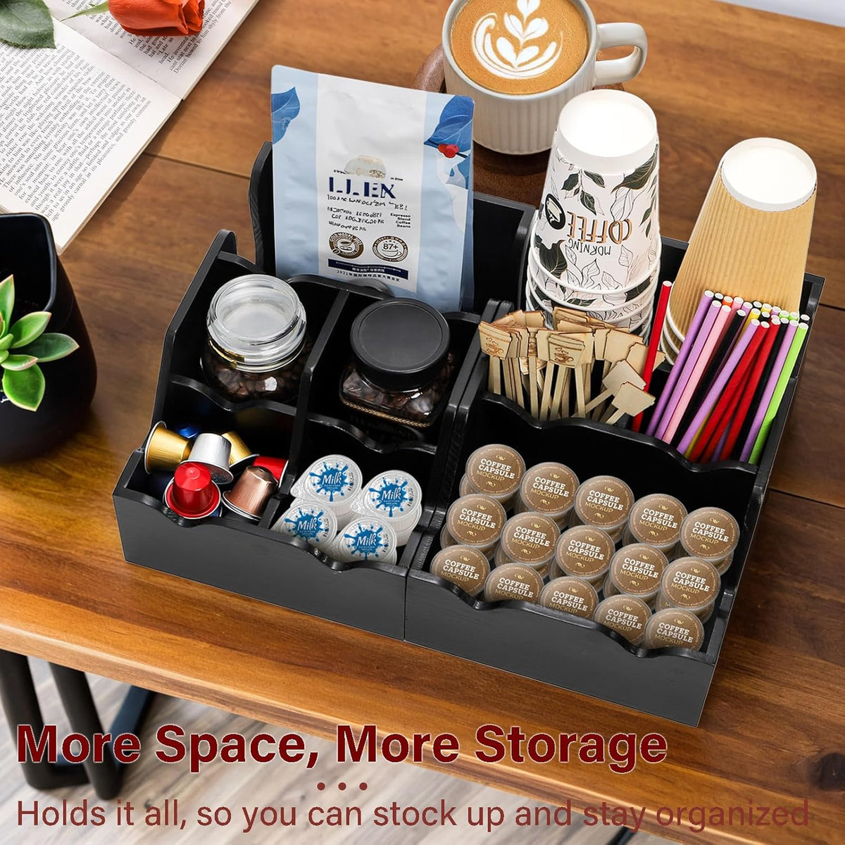 WRINGKIT Set of 2 Black Coffee Station Organizer for Countertop, Wood Cup Condiment Station with 9 Compartment, Coffee Bar Organizer Caddy Holder for Pods Syrup Stirrers Teabags Storage, Two-in-One