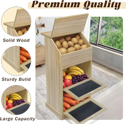 Potato Storage Bin, 3-Tier Potato and Onion Storage Bin with Lid, Wooden Bread Box for Fruit and Vegetable,Food Storage Containers for Kitchen Pantry (Oak)