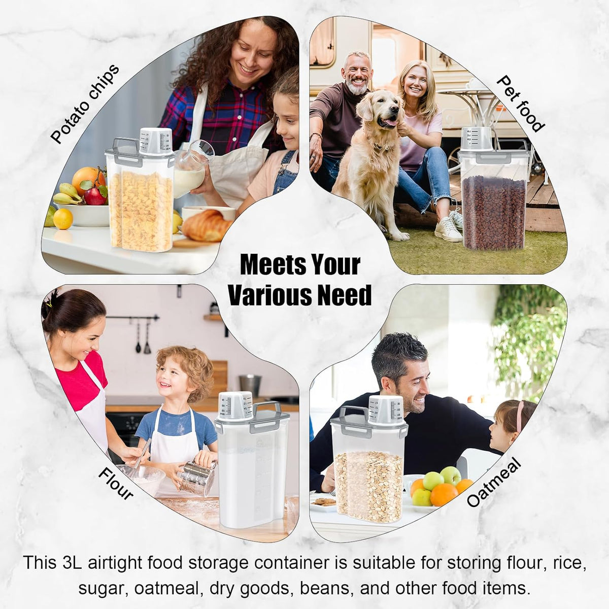 LEAWALK Airtight 4 LBS Rice/Cereal/Dry Food Storage Container BPA Free, 2.11Qt Clear Plastic Kitchen and Pantry Organization Bin Suitable for Oats, Flour, Sugar, Pasta, Pet Food, etc (Clear Grey)