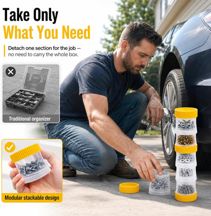 Small Footprint Stackable Screw Container, Stack Any Number & Grab Only the Cup You Need, 12 Cups & 9 Lids Modular Small Parts Storage Containers for Screws, Nuts, Bolts & Fasteners, Oroto Linka