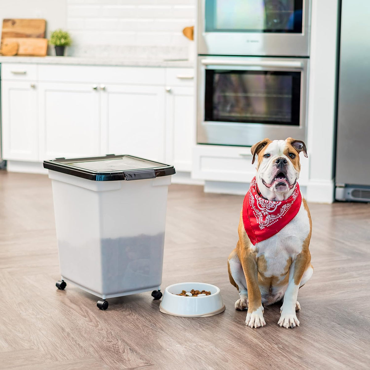 IRIS USA Airtight Dog Food Storage Container, WeatherPro, Up to 50 lbs, Removable Wheels, for Dog Cat Bird and Other Pet Food Storage Bin, Keep Fresh, Translucent Body, Made in USA, Clear/Gray