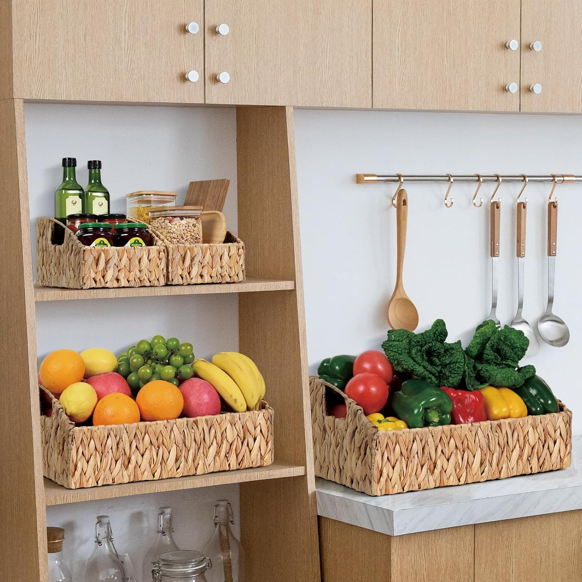 Rattan Storage Baskets, Handwoven Wicker Storage Bins with Built-in Handles, Storage Container Baskets for Shelves, Bedroom, Bathroom, Laundry Room or Kitchen(Natural)