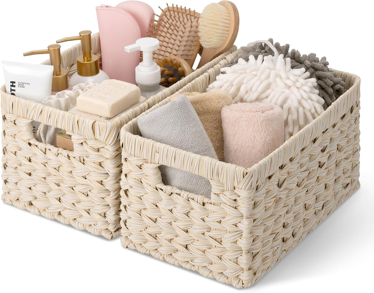 GRANNY SAYS Wicker Storage Baskets for Shelves, Wicker Baskets for Organizing, Waterproof Woven Basket for Pantry, Rectangle Basket for Shlef, Brown, 2-Pack