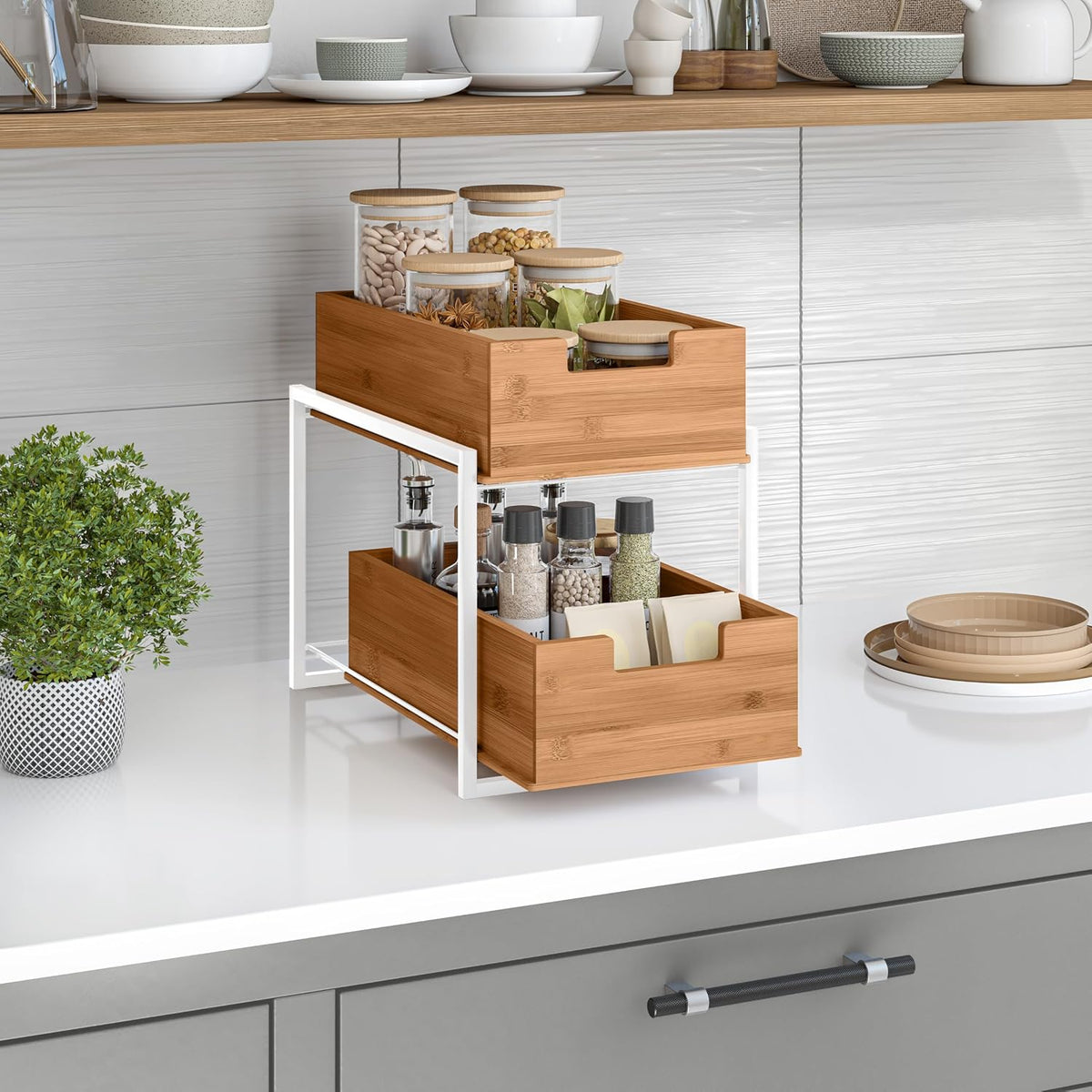 Seville Classics Bamboo Premium Organizer Storage Bins for Kitchen Silverware, Pantry, Closet, Office Desk, Pens, Utensils, Makeup, K Cup, Bamboo, Bag Holder Bin Set