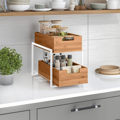 Seville Classics Bamboo Premium Organizer Storage Bins for Kitchen Silverware, Pantry, Closet, Office Desk, Pens, Utensils, Makeup, K Cup, Bamboo, Bag Holder Bin Set