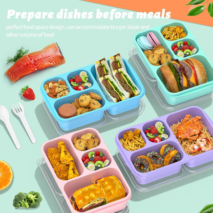 Bento Box Adult Lunch Box - 4 Pack, 5 - Compartment Meal Prep Container for Kids, Reusable Food Storage Snack Containers - Stackable for School, Work, and Travel (Wheat(Green/Blue/Pink/Beige))