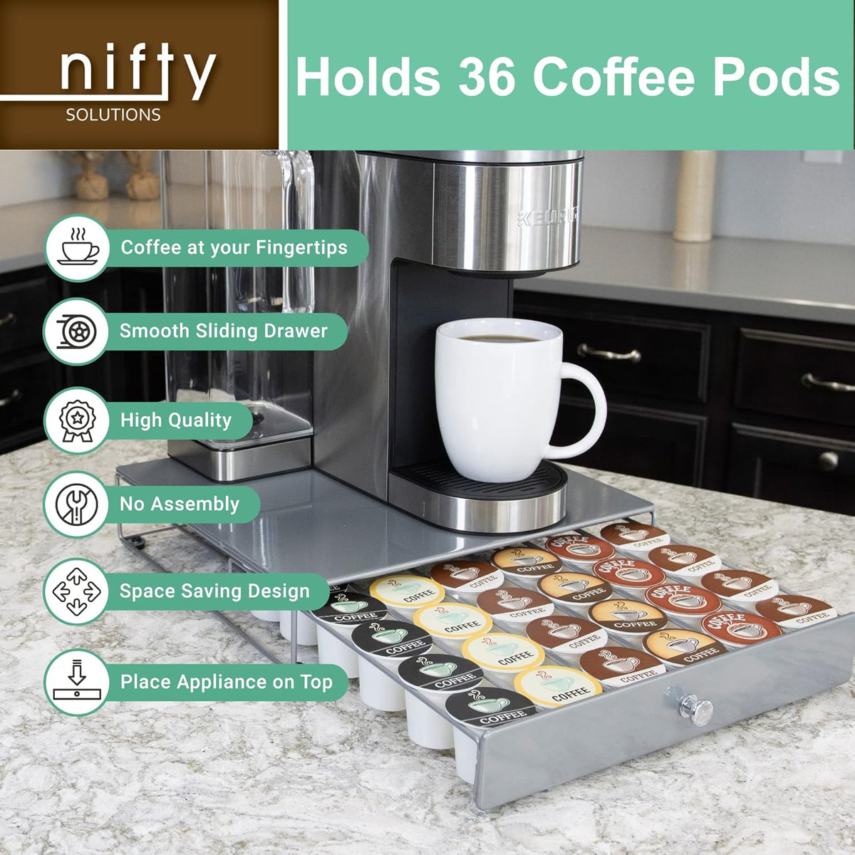 Nifty Coffee Pod Drawer – Compatible with K-Cups, 36 Pod Pack Holder, Non-Rolling, Compact Under Coffee Pot Storage Sliding Drawer, Home Kitchen Counter Organizer, Black