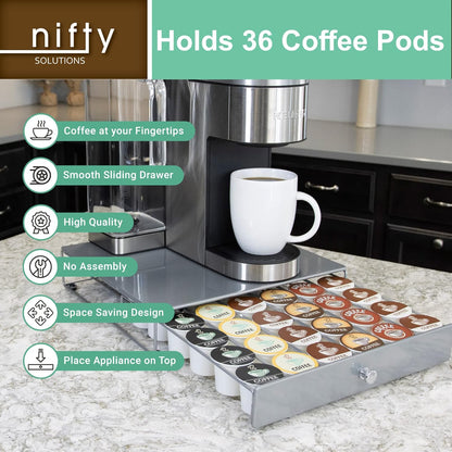 Nifty Coffee Pod Drawer – Compatible with K-Cups, 36 Pod Pack Holder, Non-Rolling, Compact Under Coffee Pot Storage Sliding Drawer, Home Kitchen Counter Organizer, Black