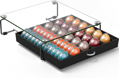DecoBrothers Crystal Tempered Glass Vertuo Pod Holder Drawer, 24 Large or 48 Small Nespresso Capsule Organizer