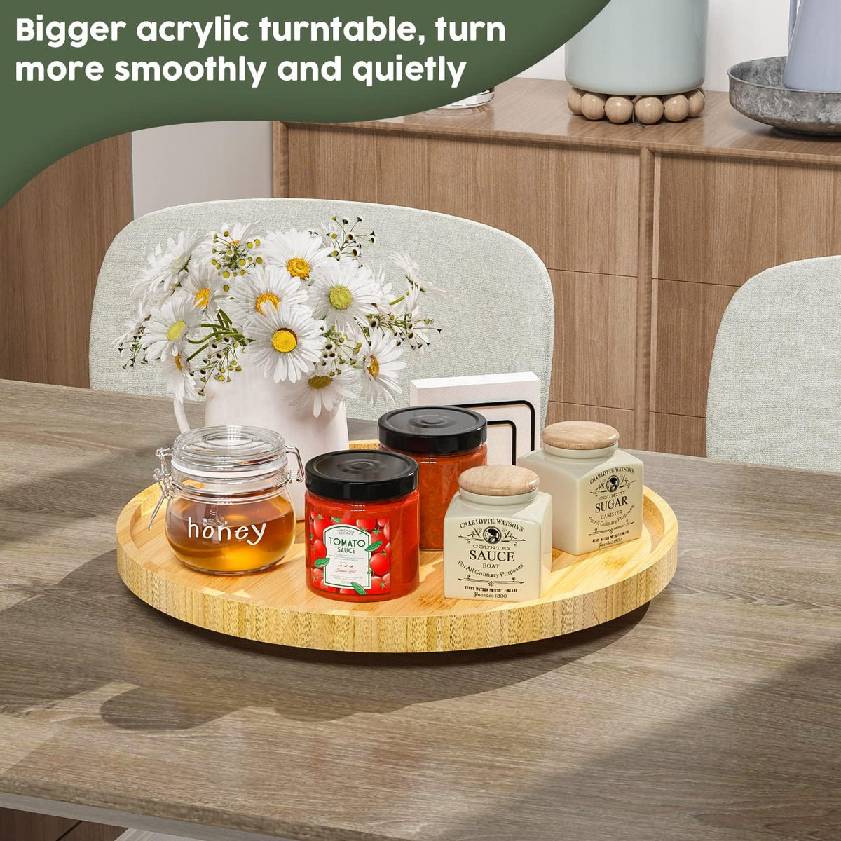 Lazy Susan Organizer, 10 Inch Non-Skid Bamboo Turntable Organizer for Salt Pepper Olive Oil and Spices Next to Stove, Wooden Lazy Susan for Table or Kitchen Countertop Organizer