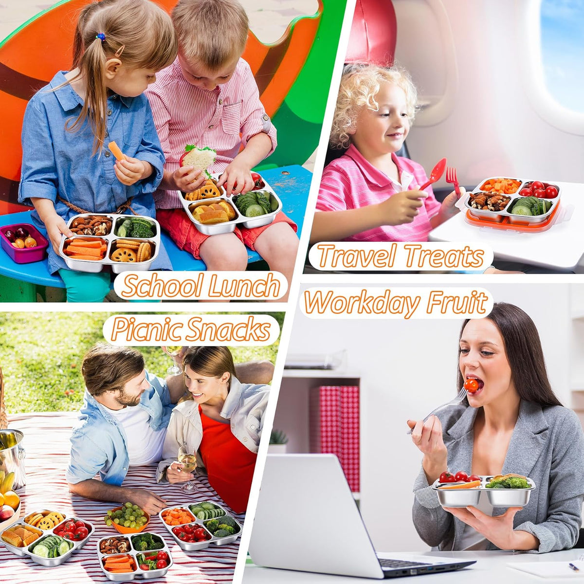 KTKUDY Stainless Steel Snack Containers - Divided Bento Snack Box - 4 Compartment Meal Prep Lunch Containers for Kids Daycare, School, Work, Travel