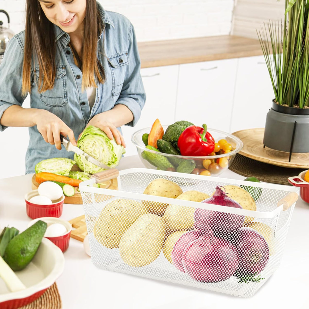 Potato and Onion Storage Bin, 2 Set Potato Bin Storage and Onion Container with Wooden Handle, Pantry Kitchen Organization and Storage, Metal Mesh Baskets for Fruit, Vegetable, Produce-Black